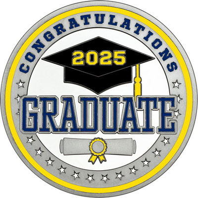 Navy Blue "Congratulations Graduate" with Yellow 2025, Rim, Tassel & Ribbon